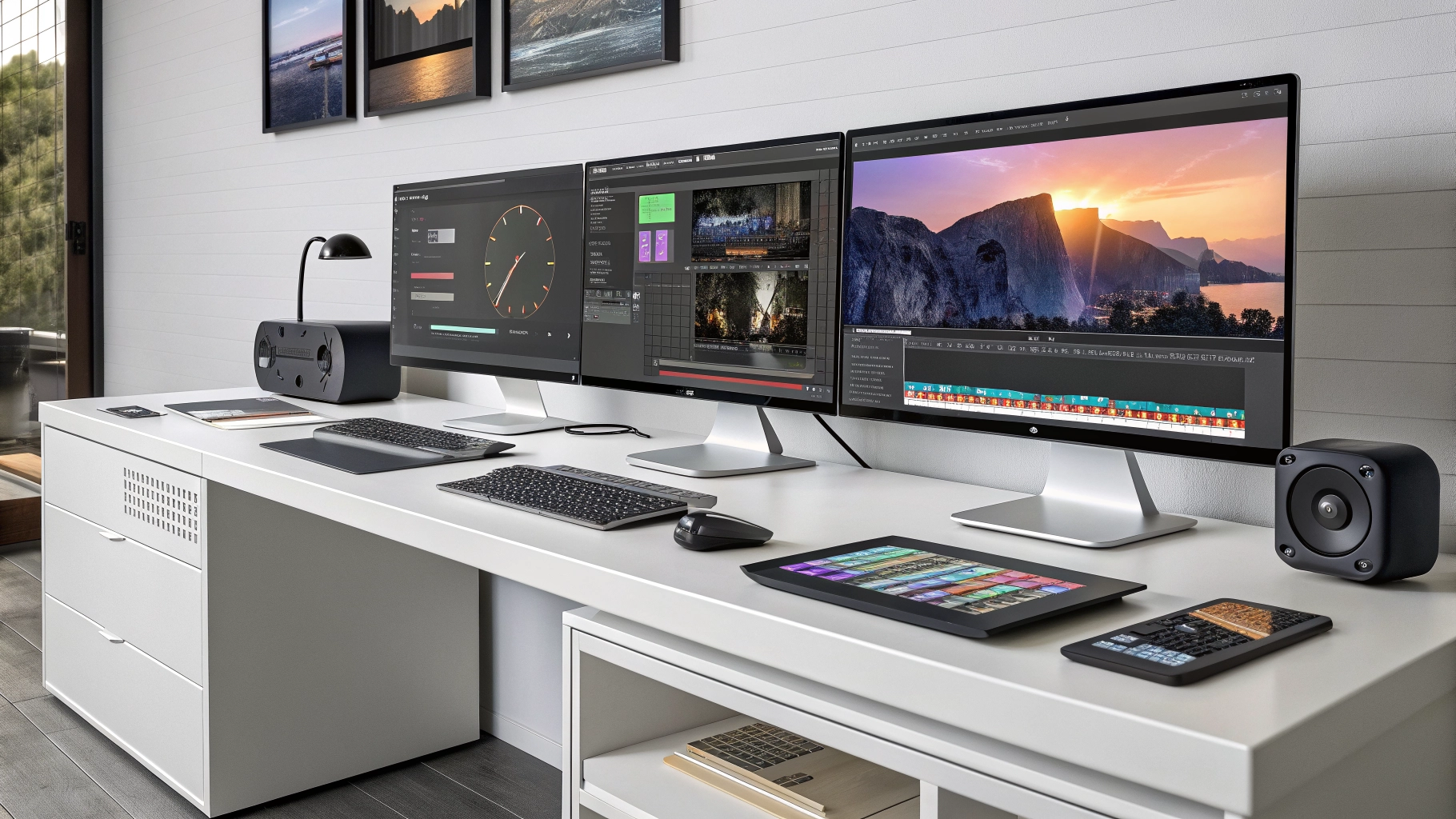Professional video editing services workstation with dual monitors and editing software.